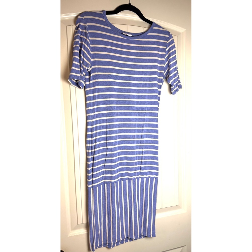 LuLaRoe Julia Dress Womens Small Blue White Striped Short Sleeve Sheath T-Shirt